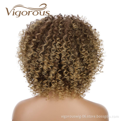 Vigorous Hot Selling Cheap Price Shoulder Length Kinky Curly Fluffy With Bangs Ombre Brown For Black Women Synthetic Hair Wigs
